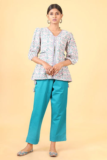 Shuddhi Teal green and ballerina pink handblock printed double top