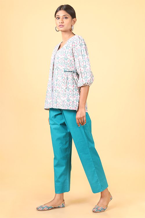 Shuddhi Teal green and ballerina pink handblock printed double top