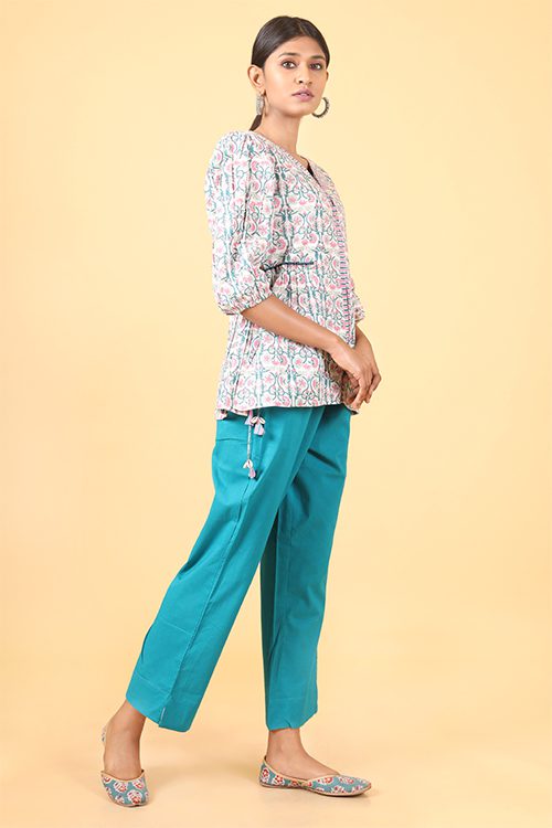 Shuddhi Teal green and ballerina pink handblock printed double top