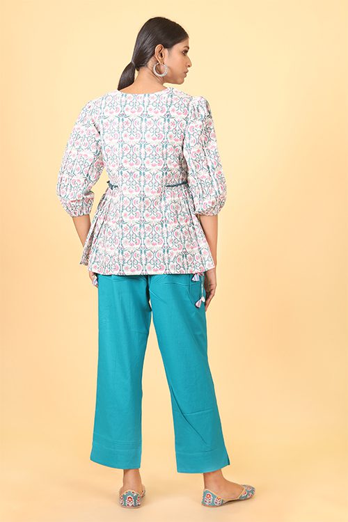 Shuddhi Teal green and ballerina pink handblock printed double top