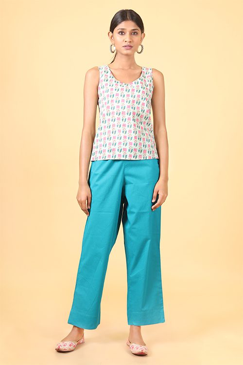Shuddhi Teal green and ballerina pink handblock printed double top