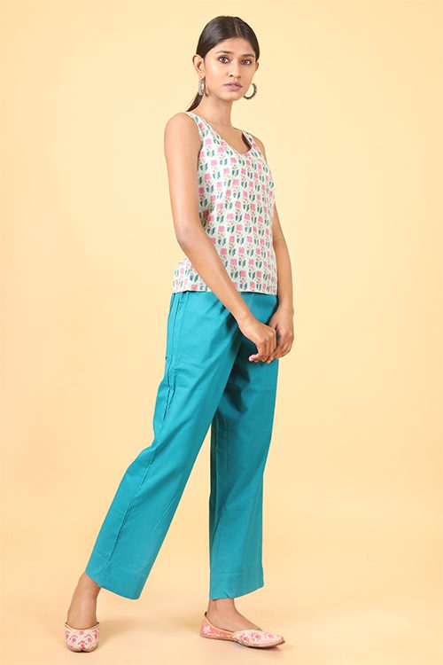 Shuddhi Teal green and ballerina pink handblock printed double top