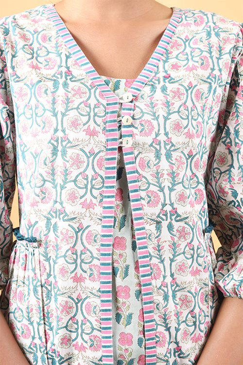 Shuddhi Teal green and ballerina pink handblock printed double top