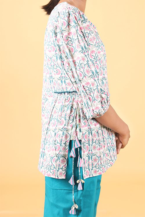 Shuddhi Teal green and ballerina pink handblock printed double top