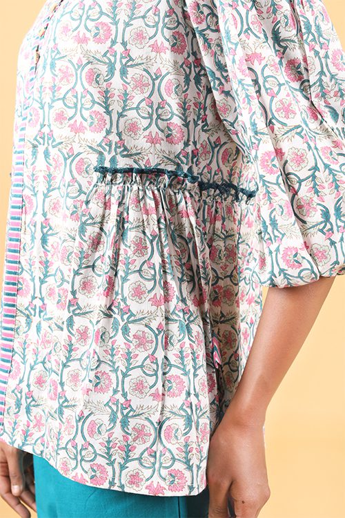 Shuddhi Teal green and ballerina pink handblock printed double top