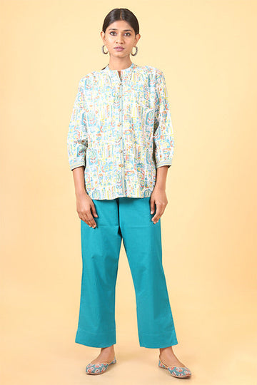 Shuddhi Teal green and parrot green handblock printed shirt