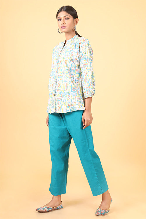 Shuddhi Teal green and parrot green handblock printed shirt