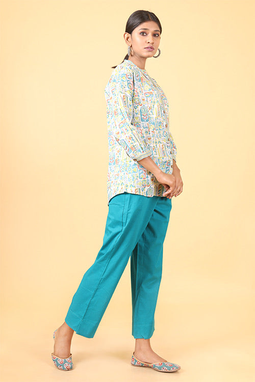Shuddhi Teal green and parrot green handblock printed shirt
