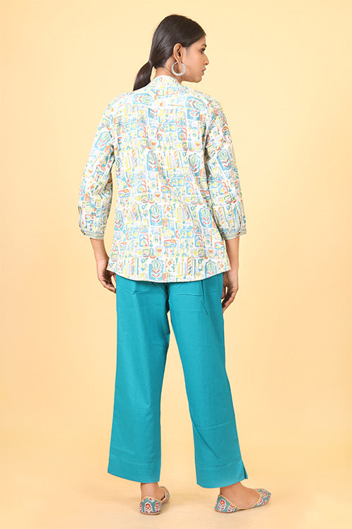 Shuddhi Teal green and parrot green handblock printed shirt