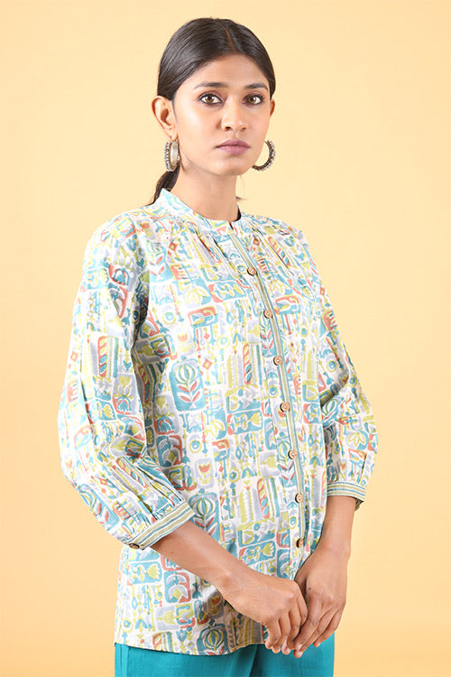 Shuddhi Teal green and parrot green handblock printed shirt