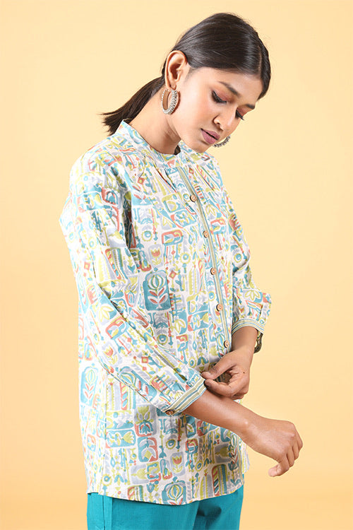 Shuddhi Teal green and parrot green handblock printed shirt