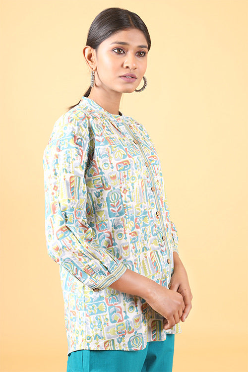 Shuddhi Teal green and parrot green handblock printed shirt
