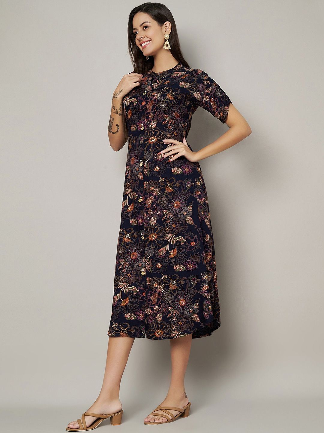 Label Khoj Women's Blue Rayon Floral Printed Midi Dress