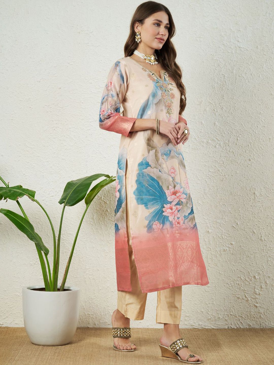 Label Khoj Women Silk Jacqured  Embroidery  Work Cream Color Kurta & Bottom With Dupatta  Set