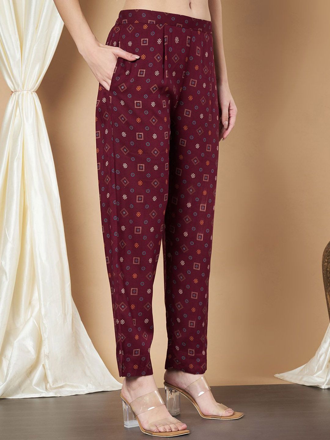 Label Khoj Women's Maroon Printed Rayon Cord Set