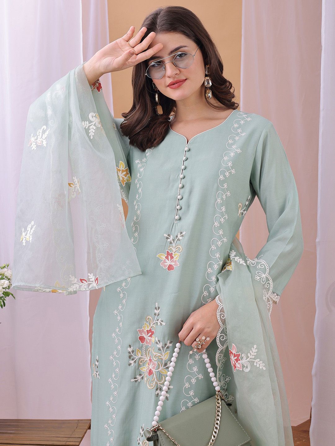 Label Khoj Women's Pista Silk Blend Thread Work Kurta with Pant and Pista Dupatta