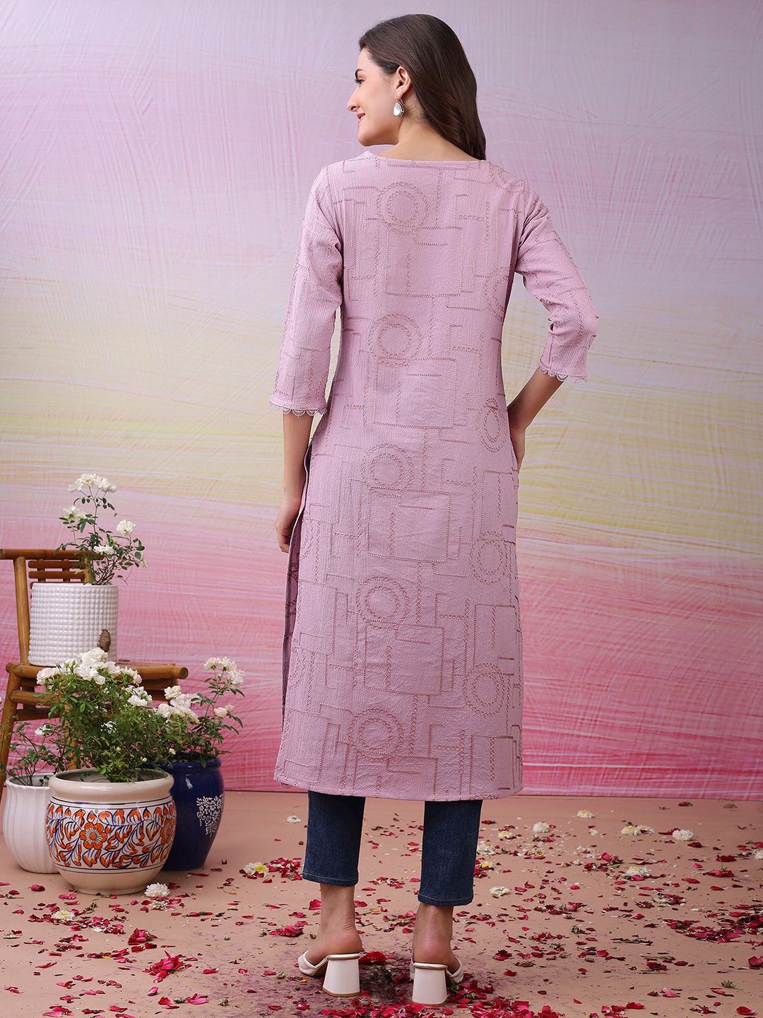 Label Khoj Women's Pink Polyester Embroidered Kurta