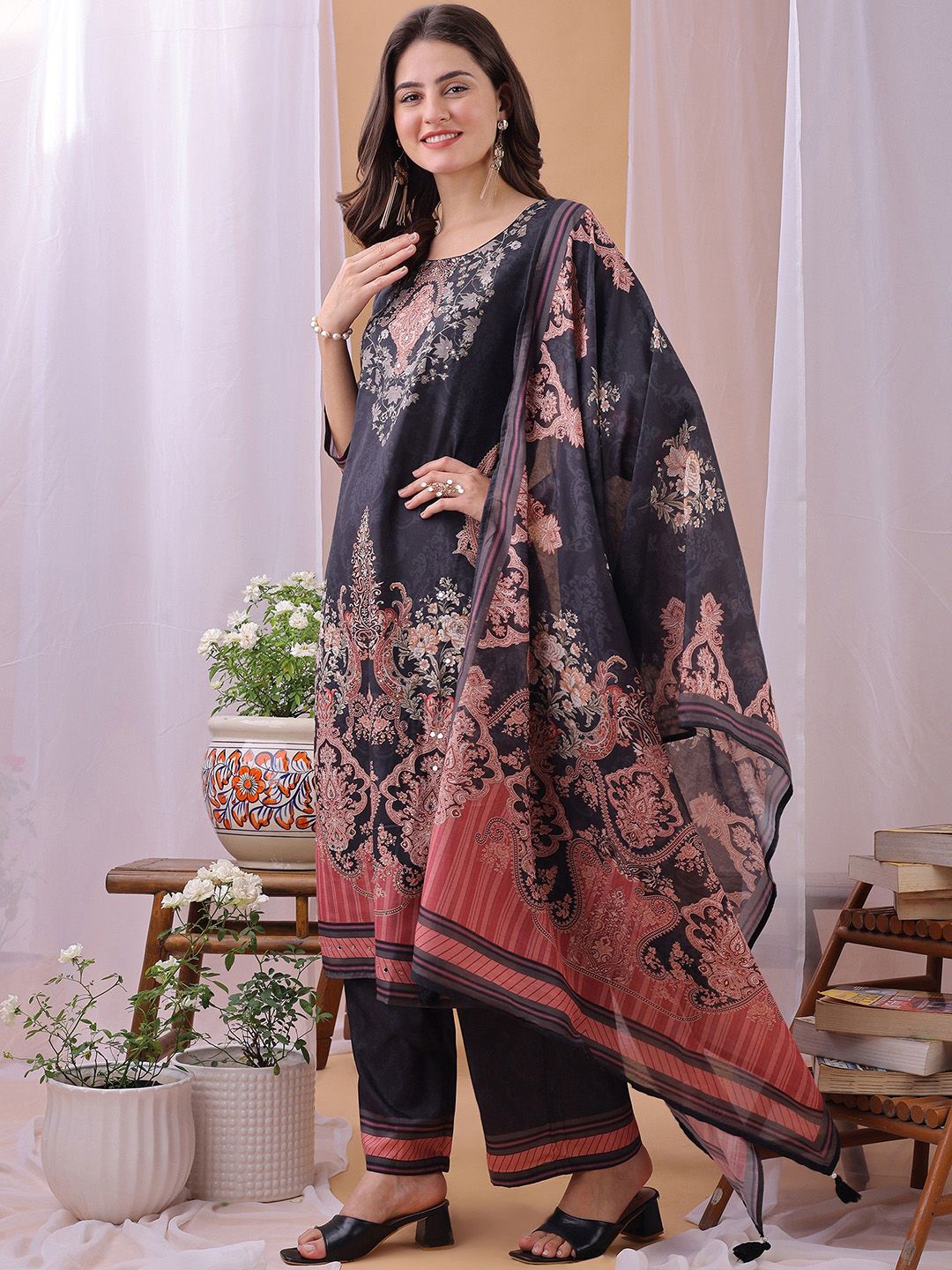 Label Khoj Women's Silk Blend Handwork Kurta with Pant and Dupatta