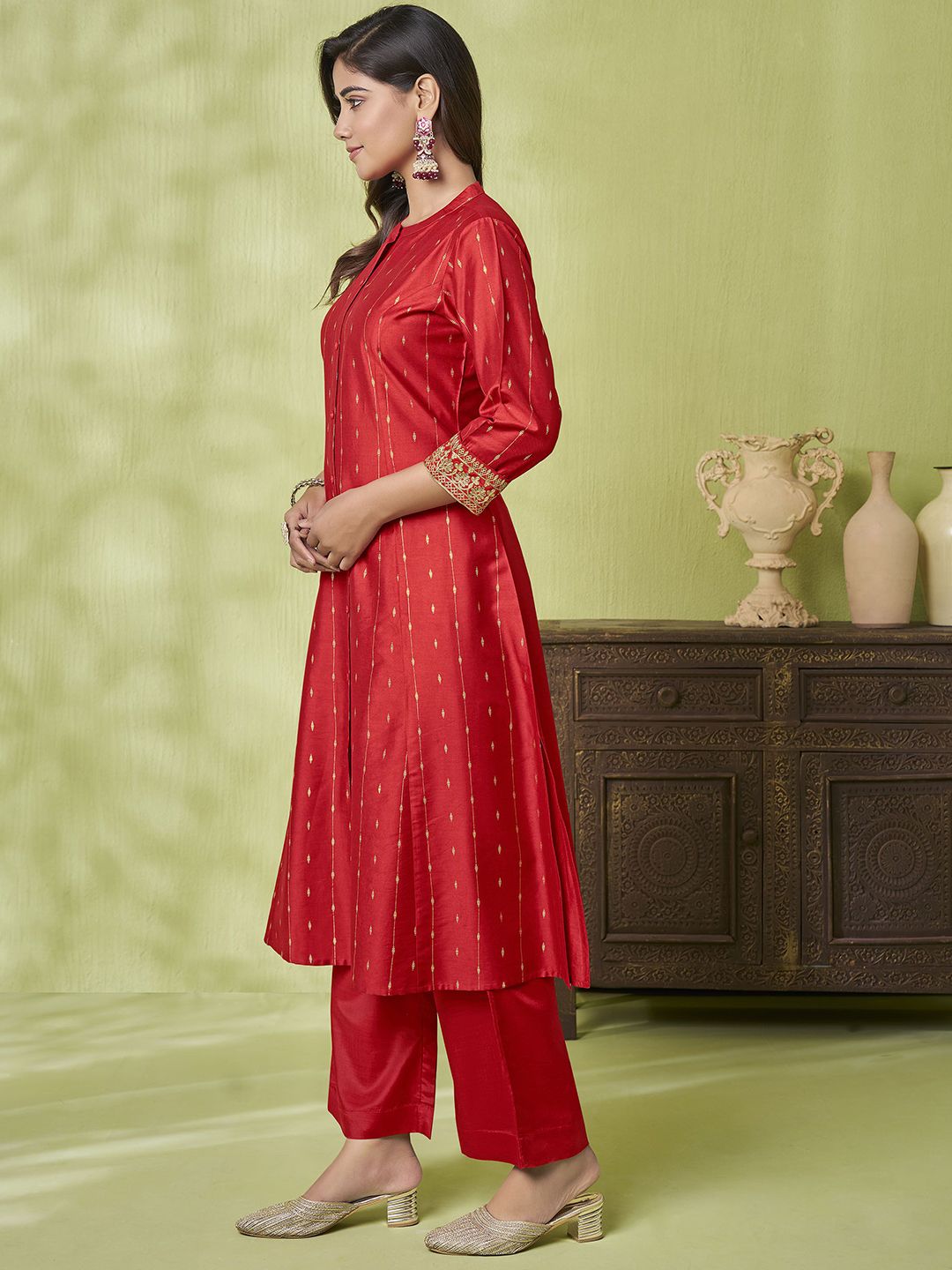 Label Khoj Women Cotton Slub Embroidery , Foil Print Work Red Color Kurta & Bottom Set
