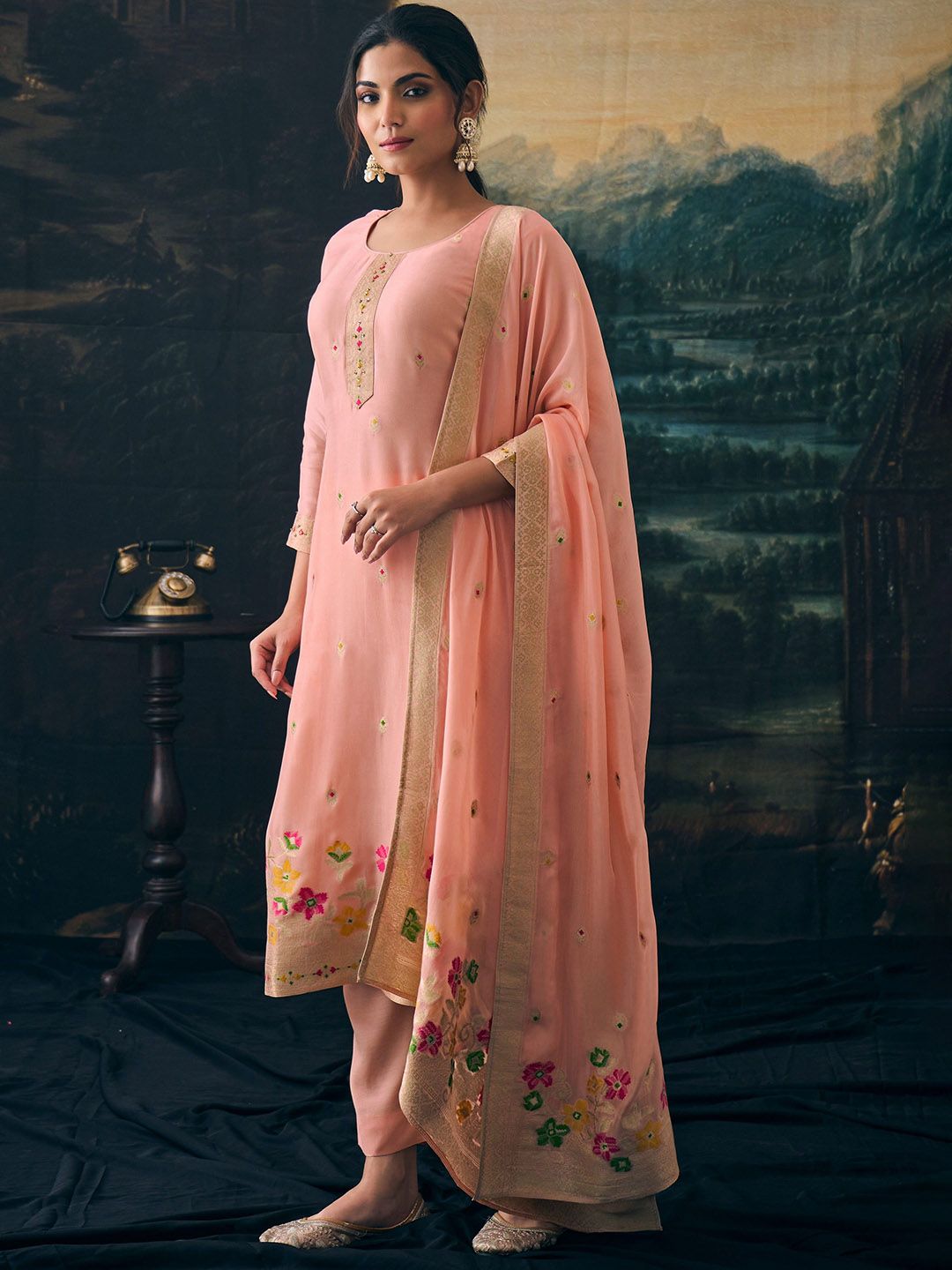 Label khoj Pure viscose Georgette silk with heavy Meena and handwork kurta set