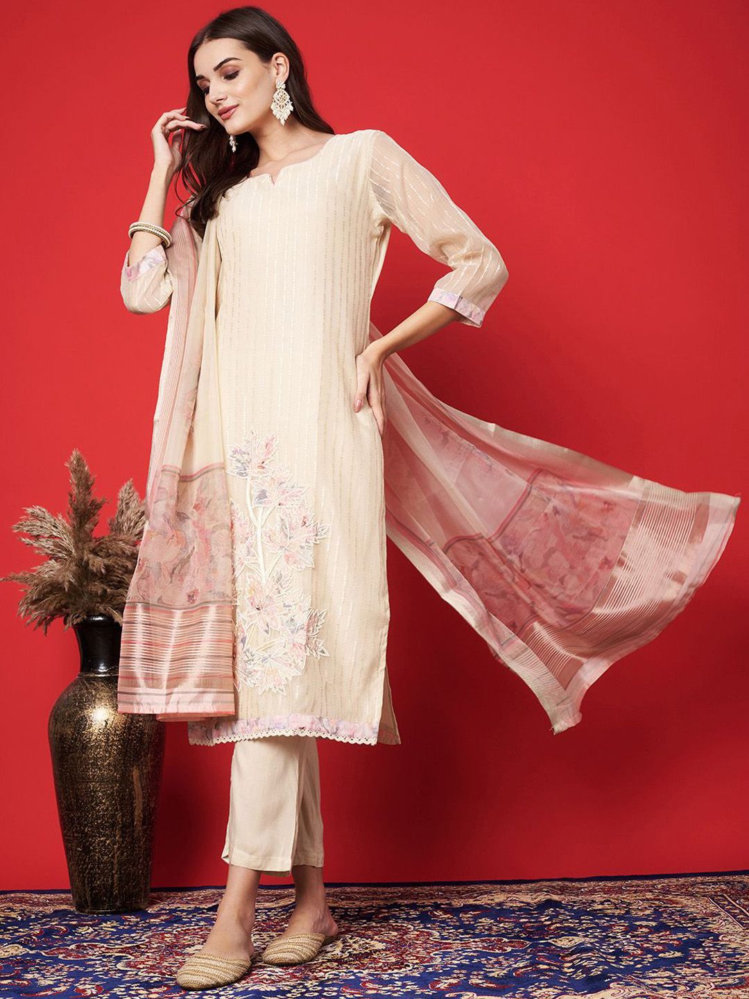 Label khoj chanderi Silk kurta with bottom and dupptta setPeach Color