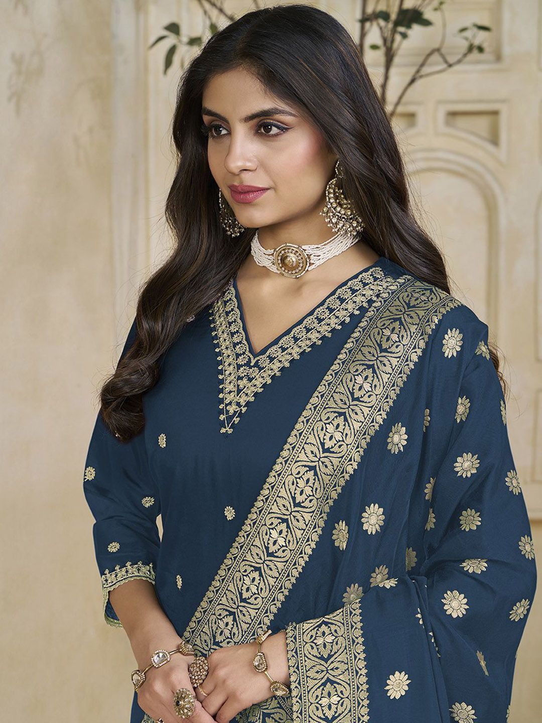 Label Khoj Women Roman Silk Embroidery  Work Blue Color Kurta & Bottom With Dupatta  Set