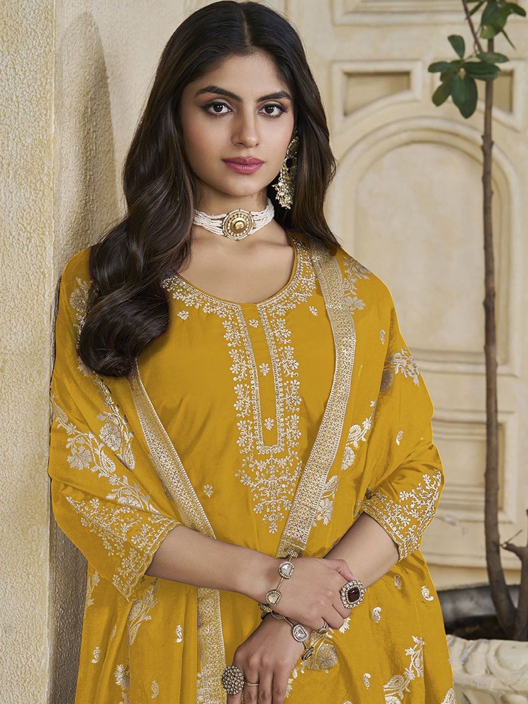 Label Khoj Women Roman Silk Embroidery  Work Yellow Color Kurta & Bottom With Dupatta  Set