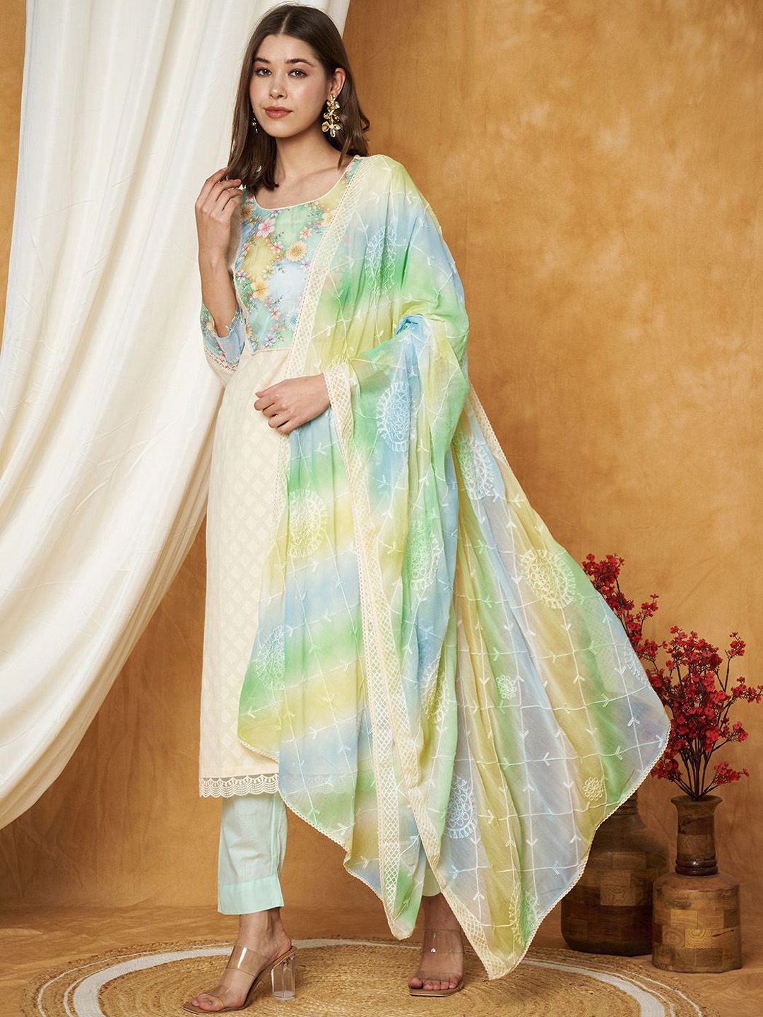 Label Khoj Women's Green Cotton Jacquard Patch Work Kurta with Pant and Dupatta