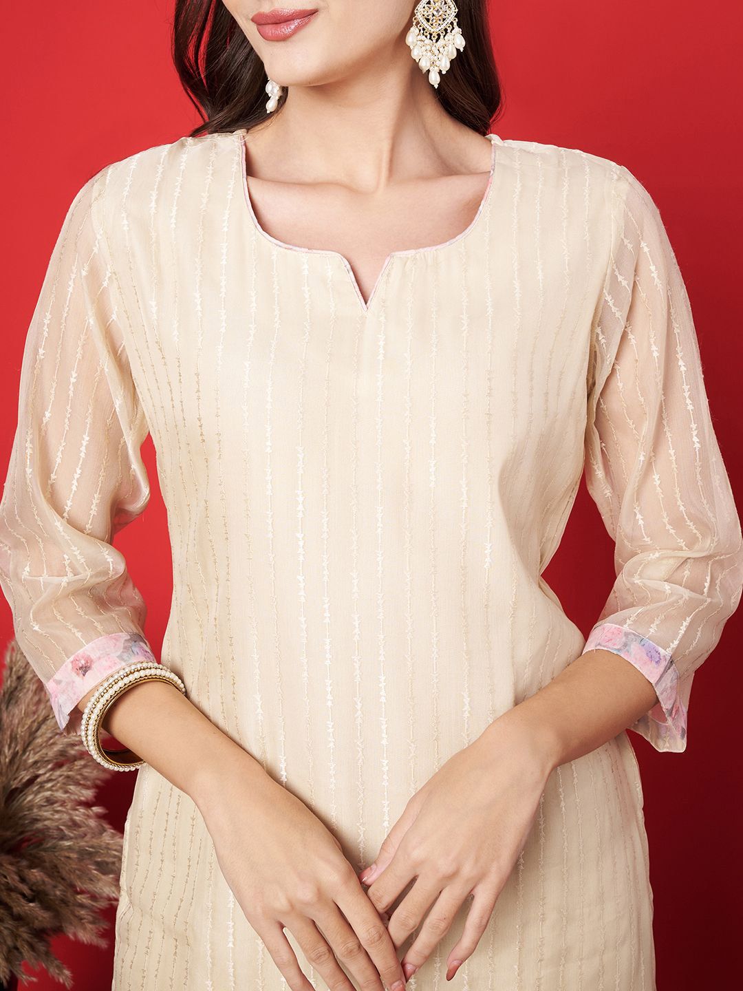 Label khoj chanderi Silk kurta with bottom and dupptta setPeach Color