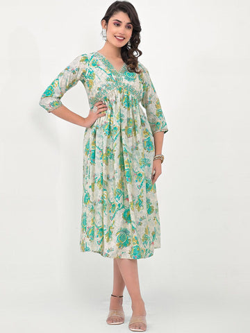 Label Khoj Women Modal Silk fabric and embroidery Printed Dress