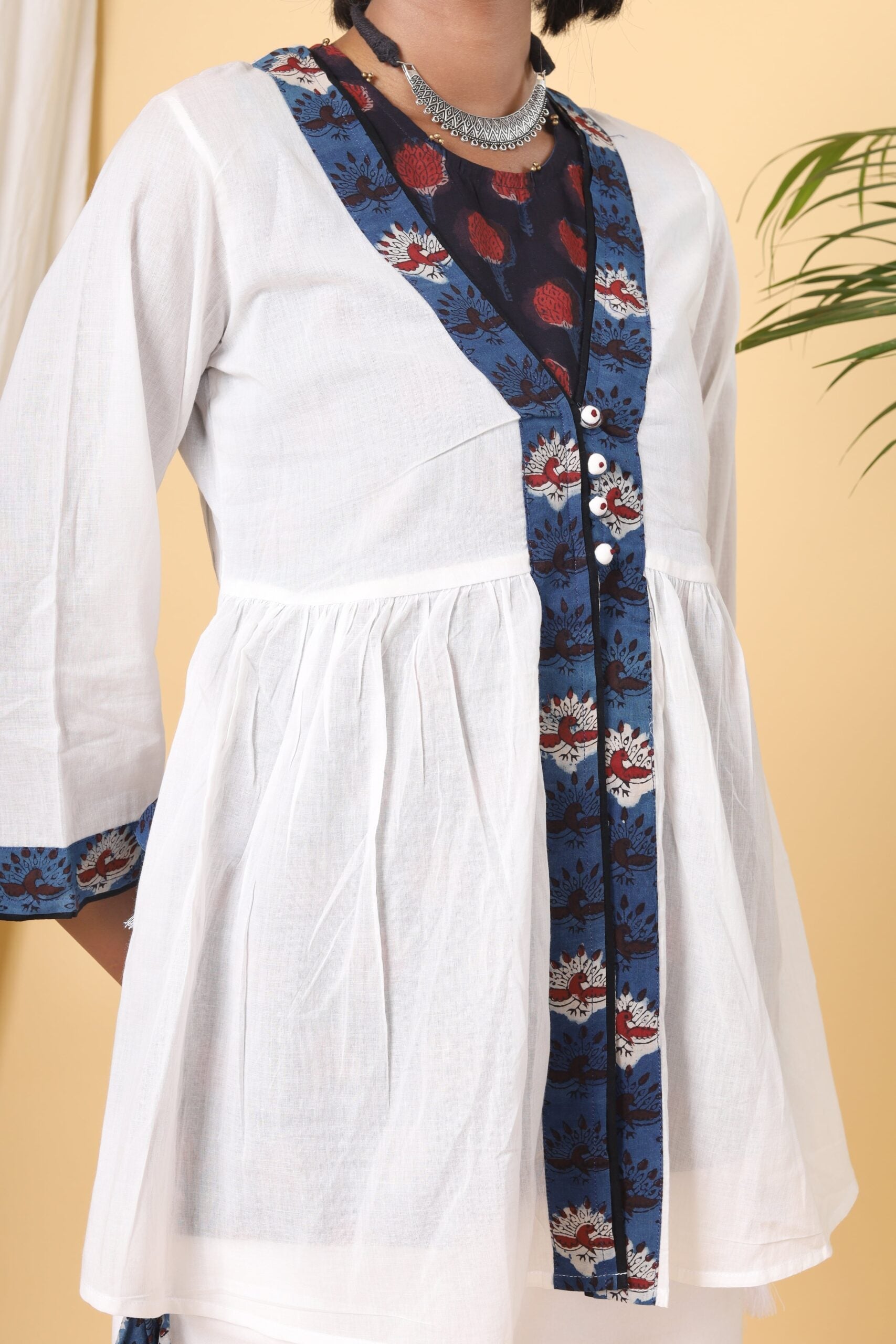 White and Indigo Handblock Printed Tier Short Top
