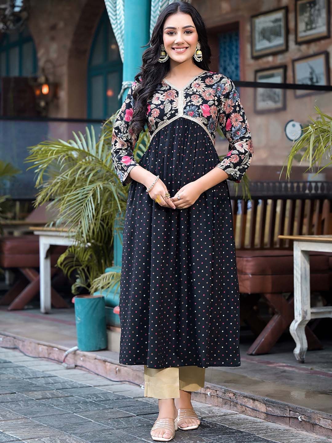 Label Khoj Women Balck A line*Alia Kurti With *Pocket