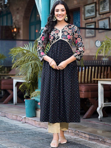 Label Khoj Women Balck A line*Alia Kurti With *Pocket