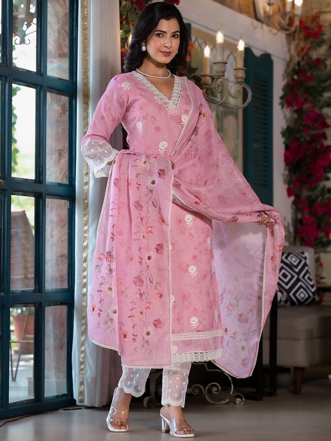 Label Khoj Women Lilen Digital print kurta, trouser and dupptta set