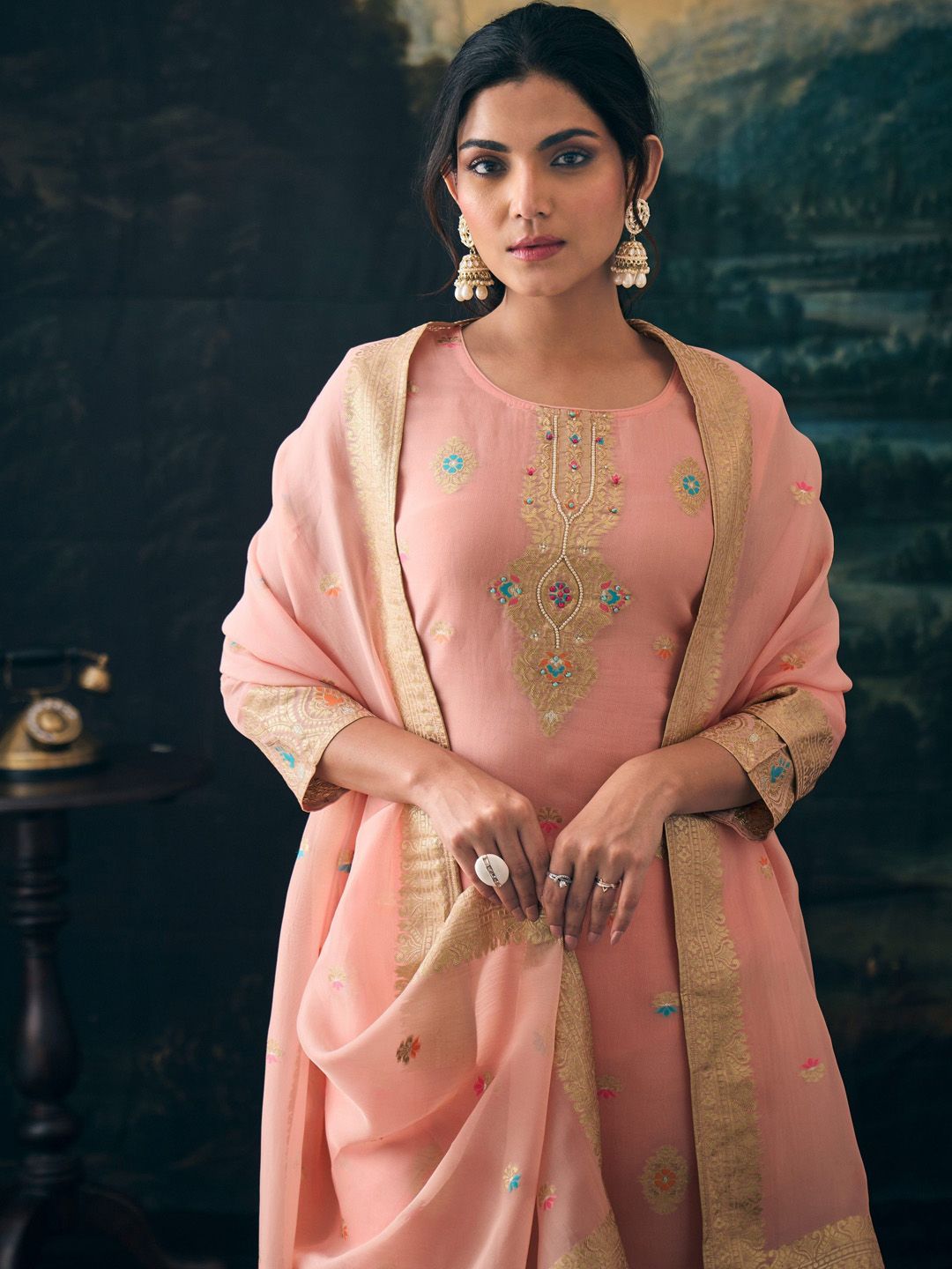 Label khoj Pure viscose Georgette silk with heavy Meena and handwork kurta set