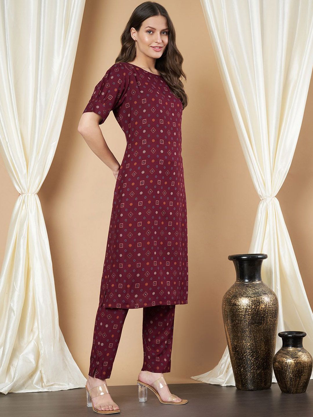 Label Khoj Women's Maroon Printed Rayon Cord Set