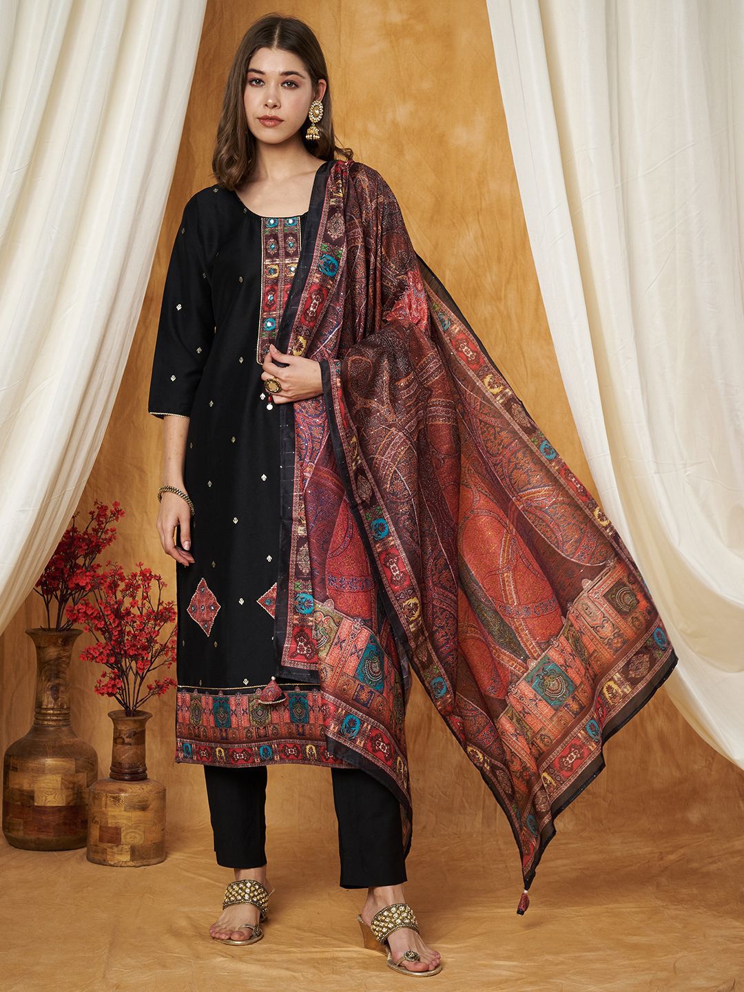 Label Khoj Women's Black Chinon Hand Embroidery Kurta with Pant and Dupatta
