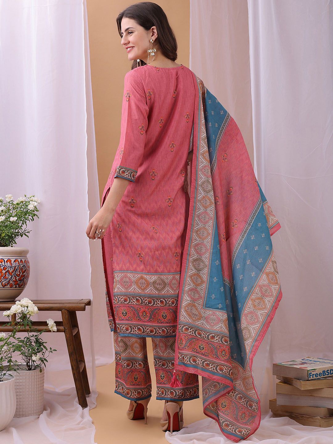 Label Khoj Women's Pink Silk Blend Handwork Kurta with Pant and Pink Dupatta