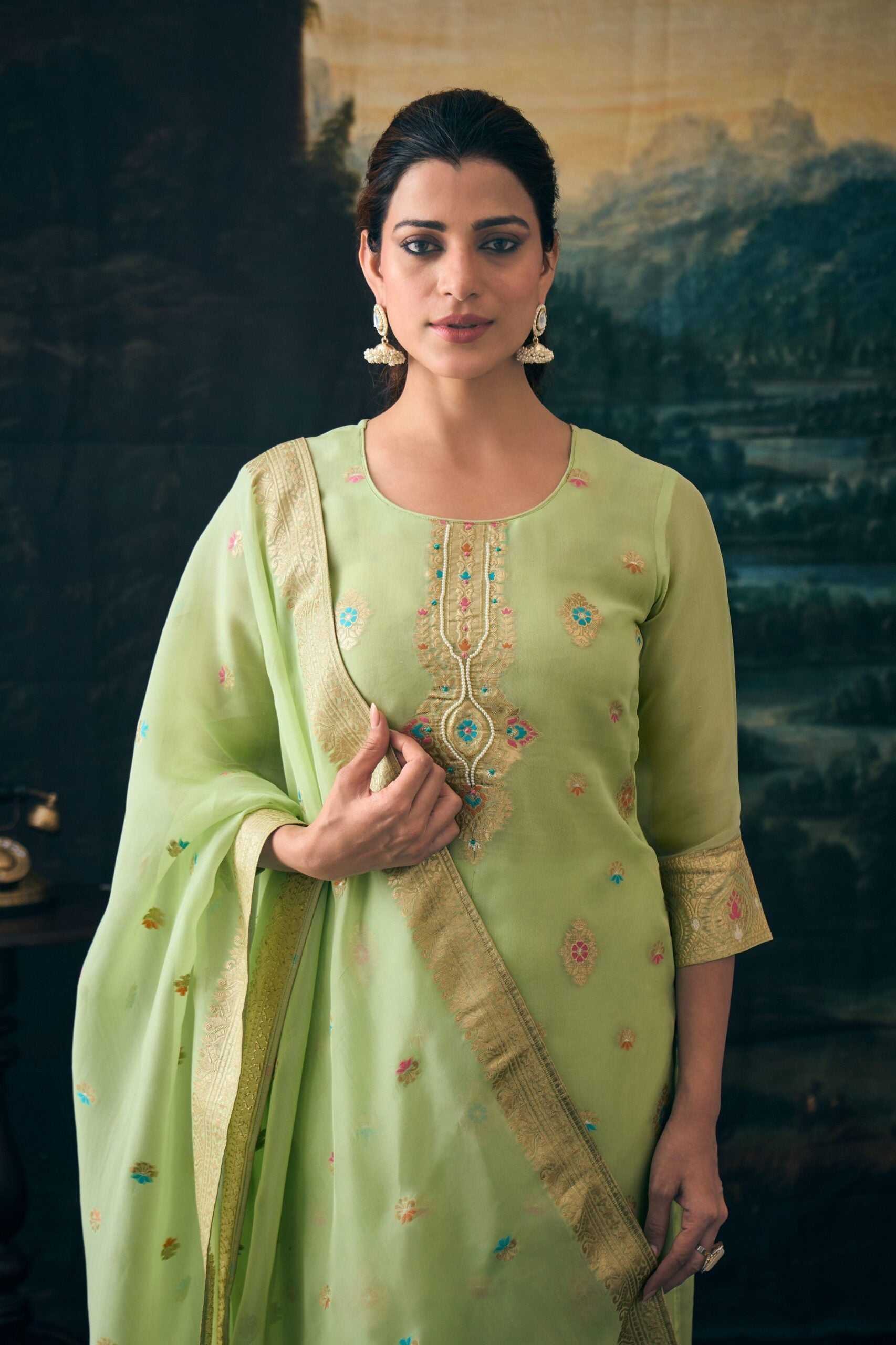 Label khoj Pure viscose Georgette silk with heavy Meena and handwork kurta set