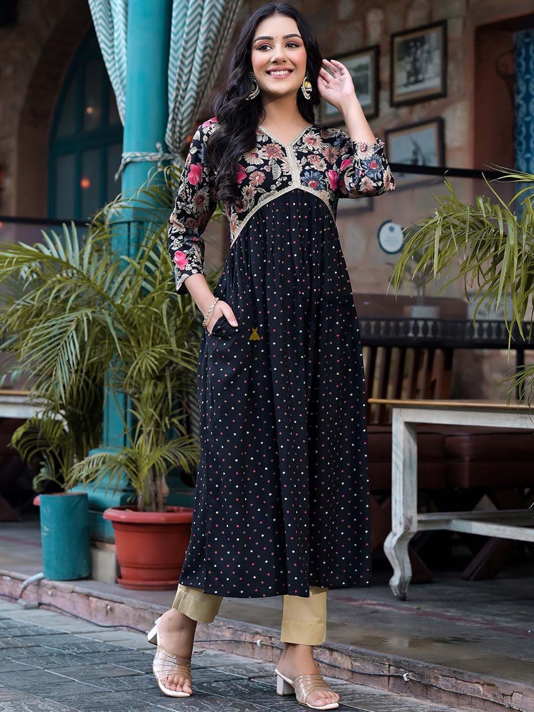 Label Khoj Women Balck A line*Alia Kurti With *Pocket