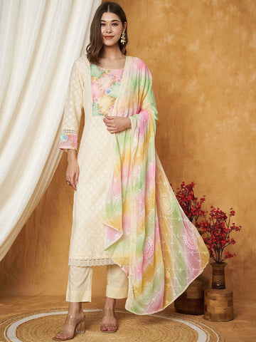 Label Khoj Women's Off White Cotton Jacquard Patch Work Kurta with Pant and Dupatta