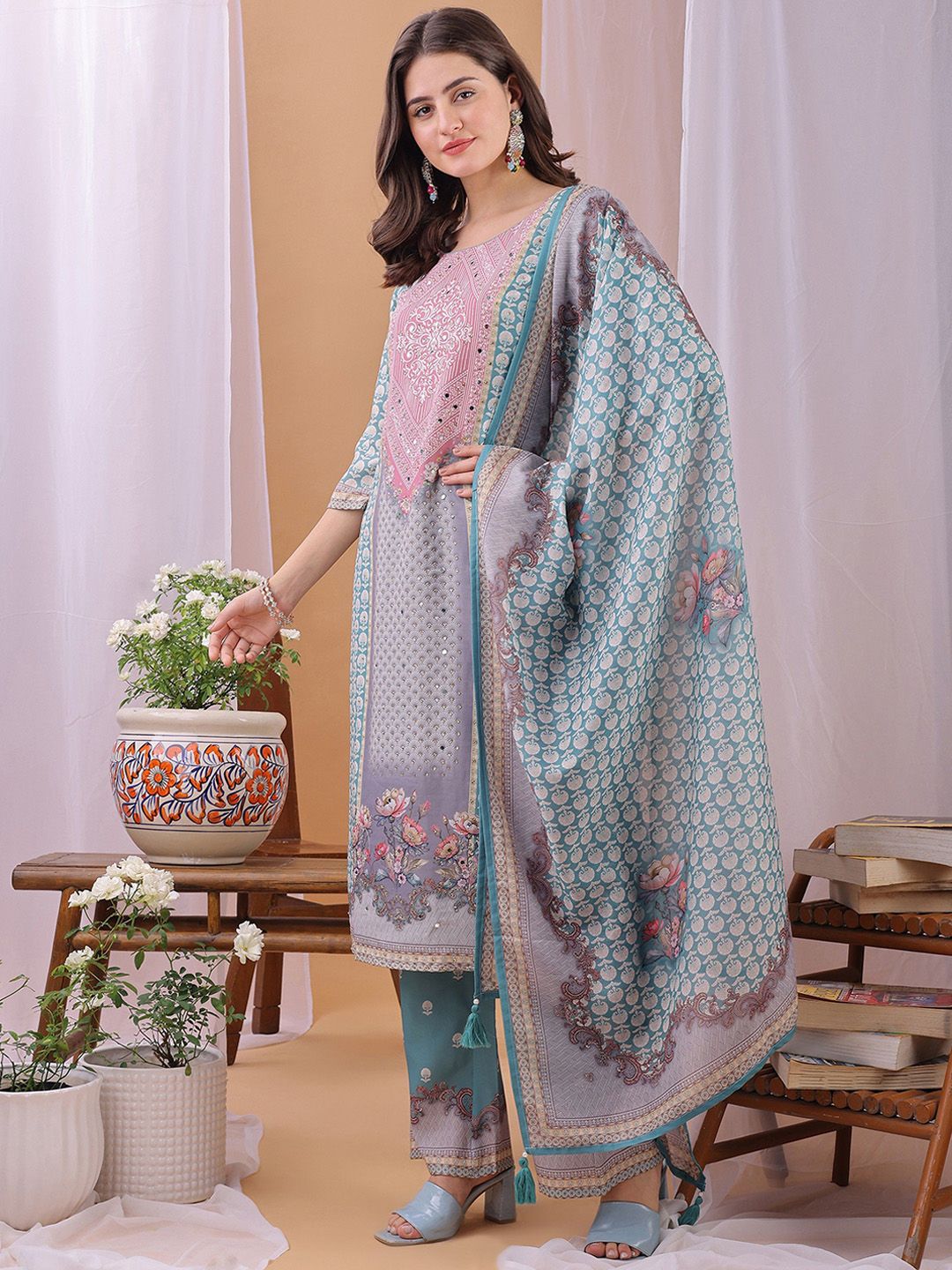 Label Khoj Women's Pink Silk Blend Handwork Kurta with Pant and Pink Dupatta