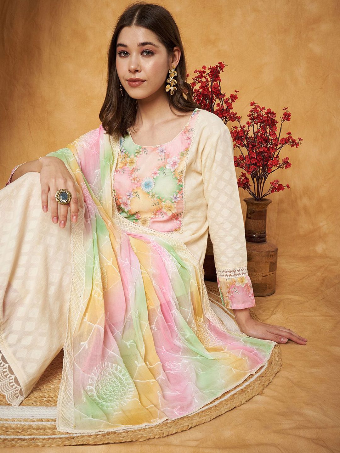 Label Khoj Women's Pink Cotton Jacquard Patch Work Kurta with Pant and Dupatta
