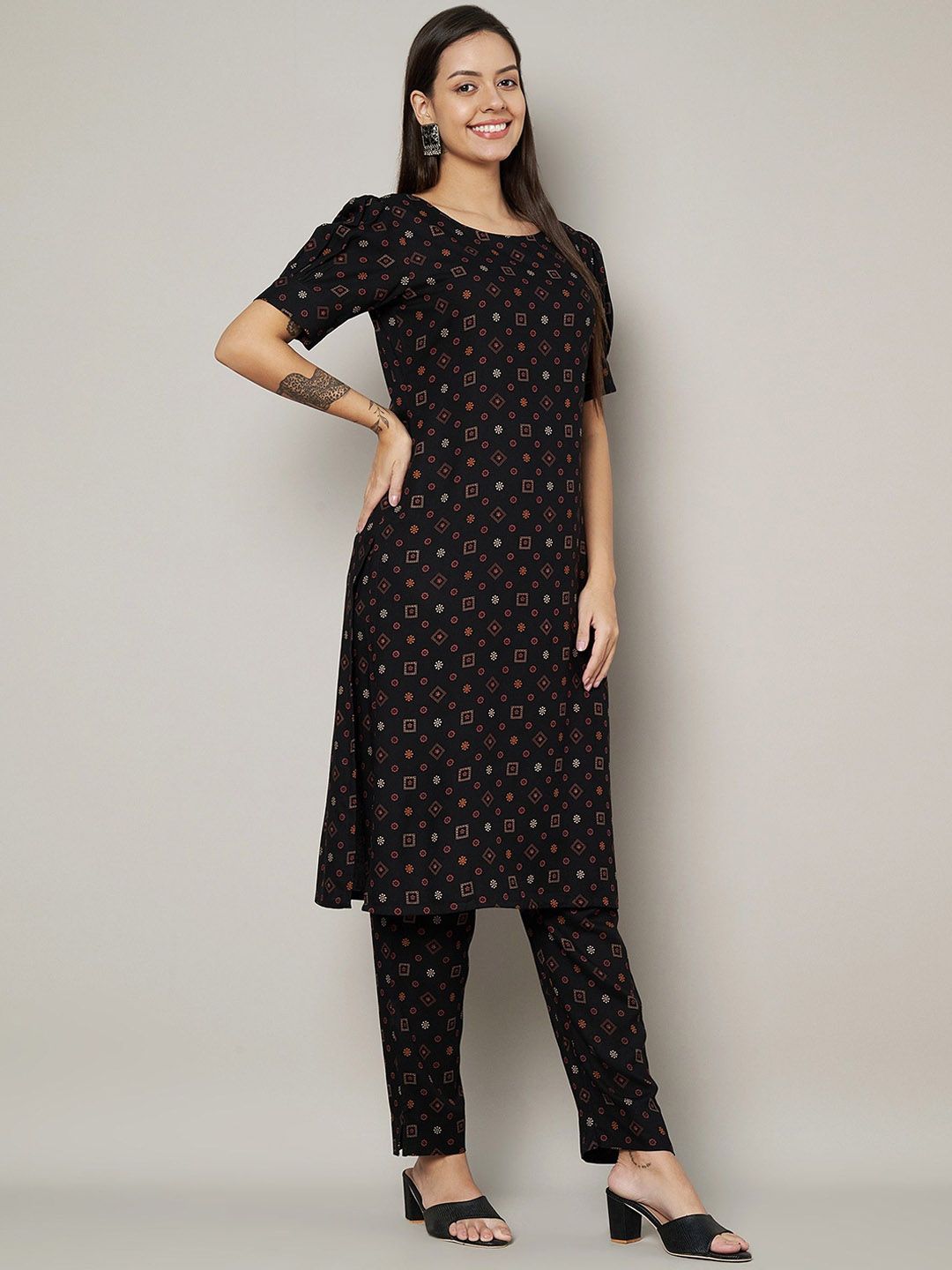 Label Khoj Womens Black Rayon Printed Coord Set