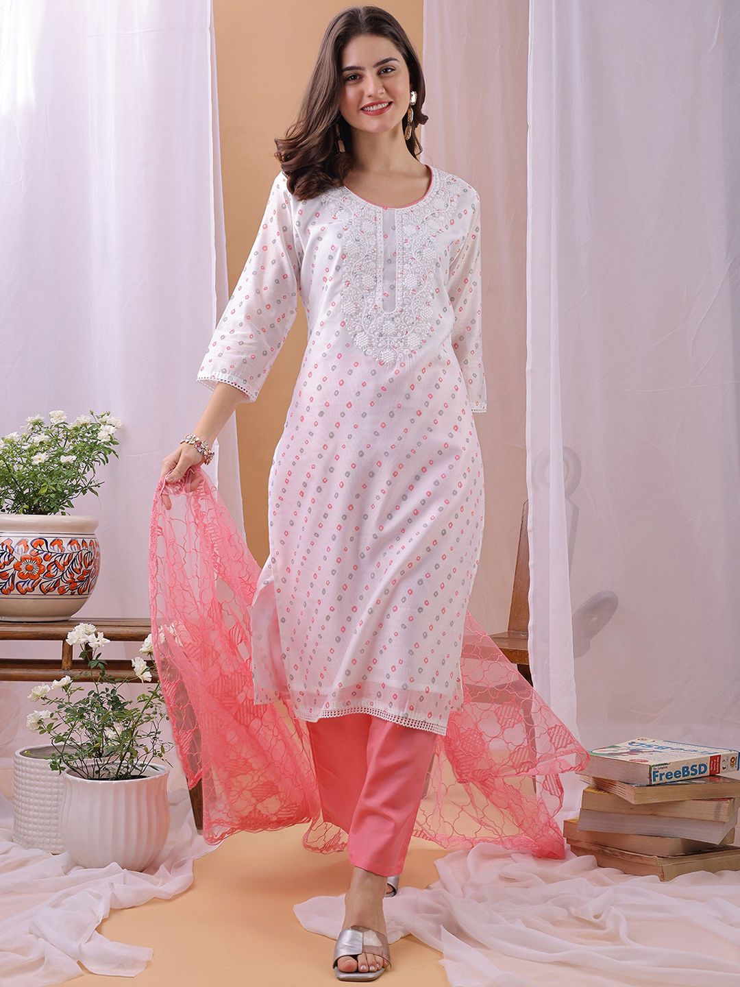 Label Khoj Women's White & Pink Chanderi Embroidered Kurta with Pant and Pink Dupatta