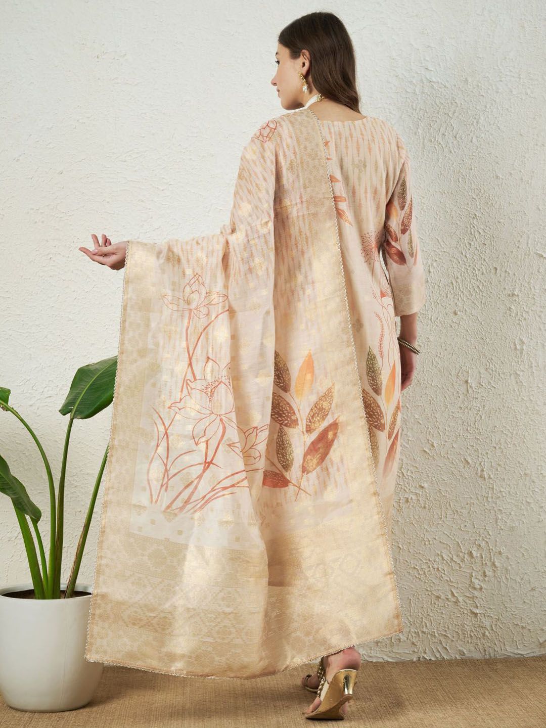 Label Khoj Women Silk Jacqured  Embroidery  Work Cream Color Kurta & Bottom With Dupatta  Set