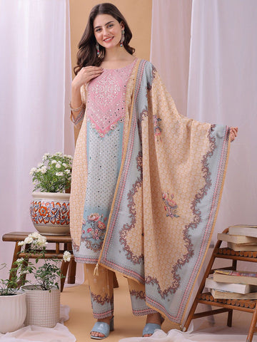 Label Khoj Women's Silk Blend Handwork Kurta with Pant and Dupatta