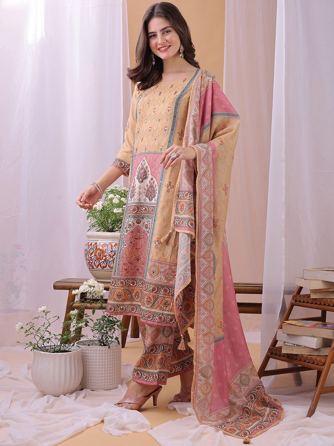 Label Khoj Women's Silk Blend Handwork Kurta with Pant and Dupatta