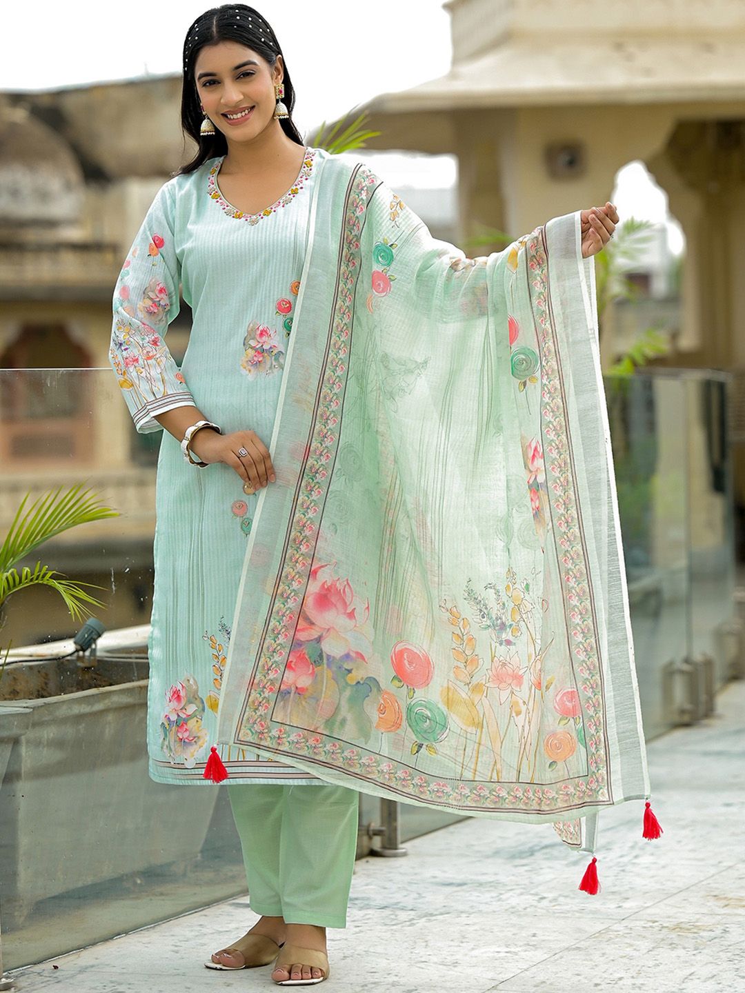Label Khoj Women Lilen Print Kurta, Trouser And Dupptta Set Linen Green Color
