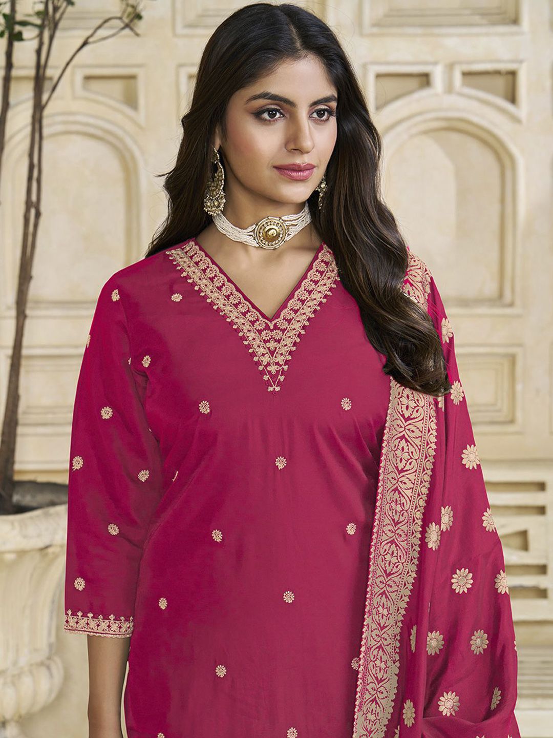 Label Khoj Women Roman Silk Embroidery  Work Rani Color Kurta & Bottom With Dupatta  Set